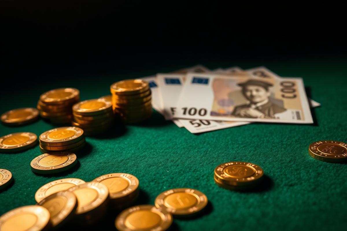Fichas doradas y billetes de euro sobre tapete verde ilustrando bonos de bienvenida en casinos europeos