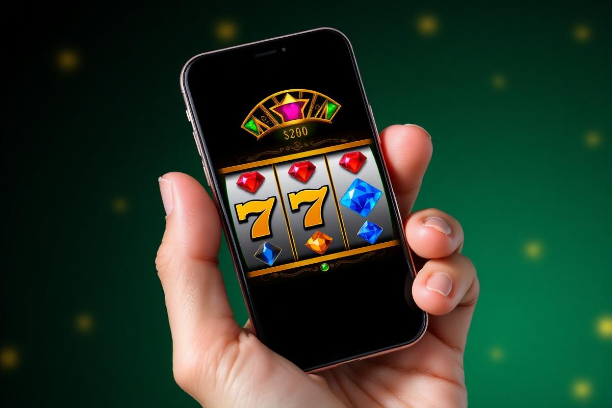Smartphone mostrando tragaperras de casino europeo con simbolos de gemas y numeros