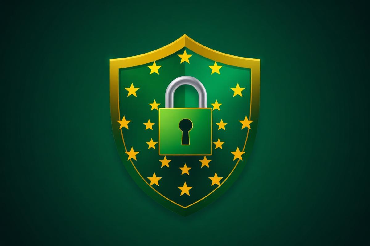 Escudo con candado y estrellas europeas simbolizando licencias MGA y seguridad de casinos online europeos
